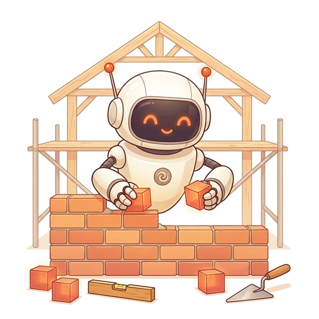 A friendly robot mascot building a brick wall on a wooden scaffolding.