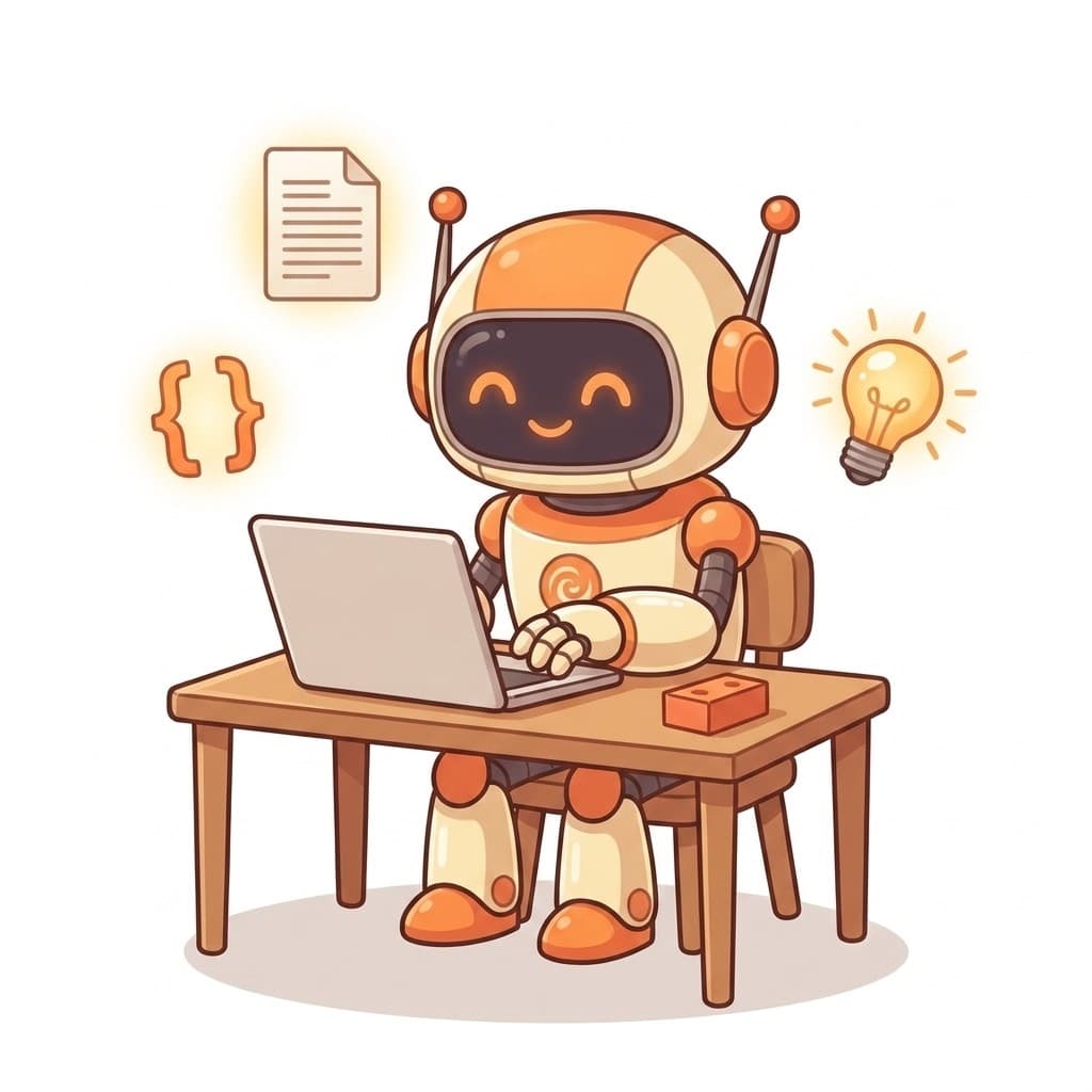 A friendly robot mascot writing an article at a wooden desk, with a document, code braces, and a lightbulb floating around it.