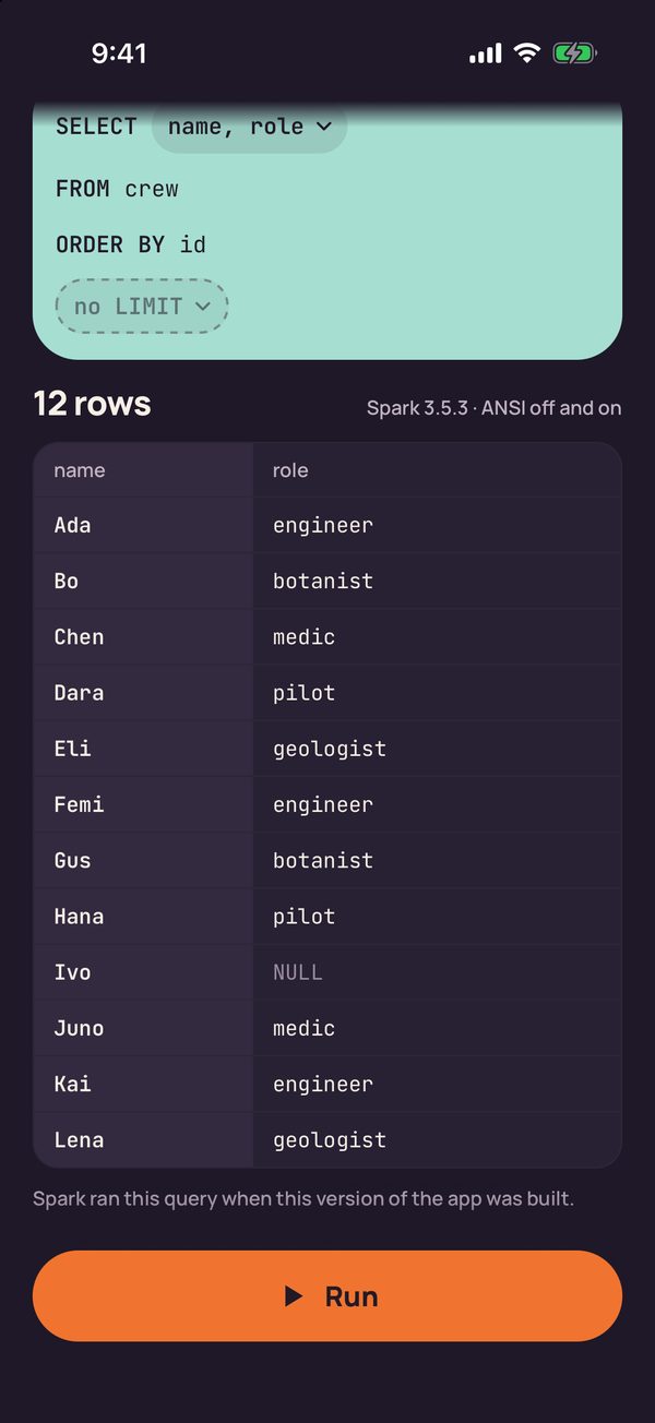 Query Lab result for SELECT name, role FROM crew ORDER BY id with no LIMIT: 12 rows of crew names and roles, one role shown as NULL, labelled Spark 3.5.3, ANSI off and on, with the note that Spark ran this query when this version of the app was built.