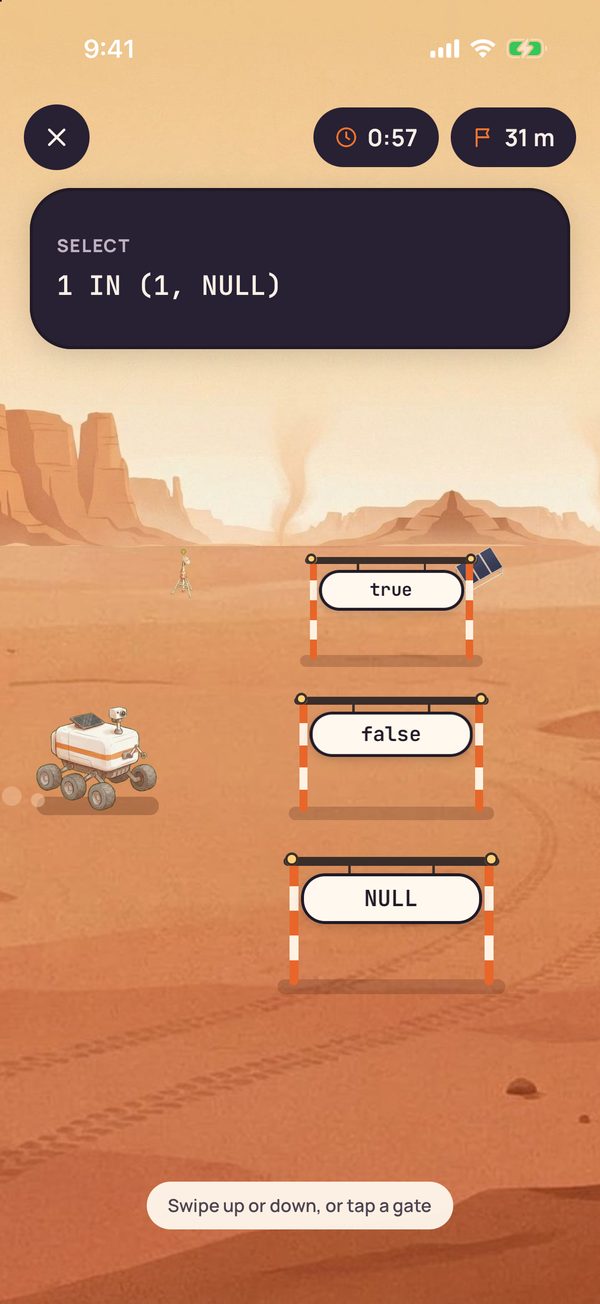 Rover Rally round with 57 seconds left at 31 metres: a sign reading SELECT 1 IN (1, NULL) above a Mars road with three gates labelled true, false and NULL, the rover on the left, and the hint Swipe up or down, or tap a gate.