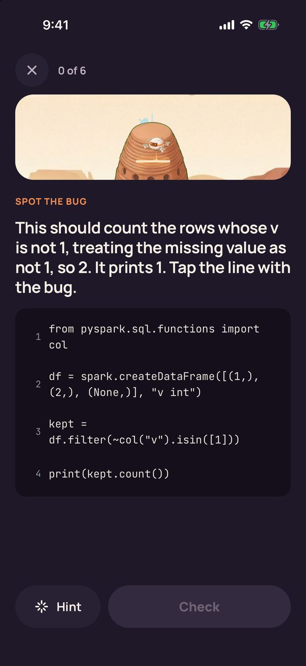 Spot the bug question: four numbered PySpark lines that should count the rows whose v is not 1, treating the missing value as not 1, but print 1; the learner taps the line with the bug.
