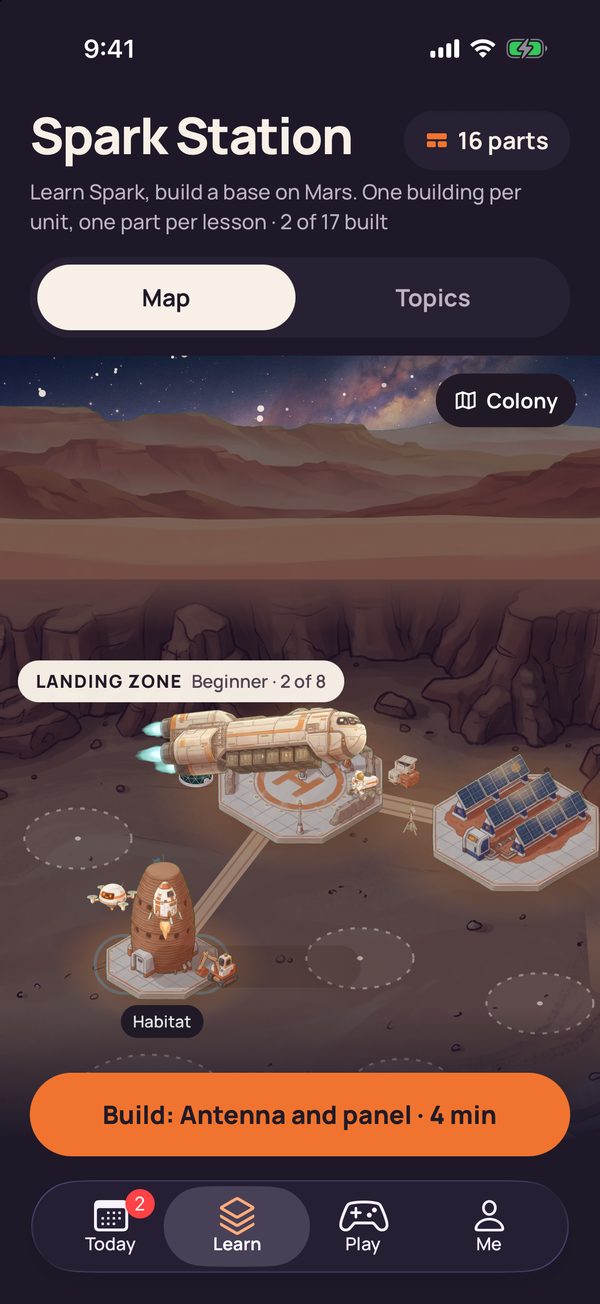 Learn tab in Map view: a Mars plain with a cargo ship landing on the landing pad, a solar farm and the habitat under construction with a drone, labelled Landing zone, Beginner, 2 of 8, with a button to build the next part, Antenna and panel.