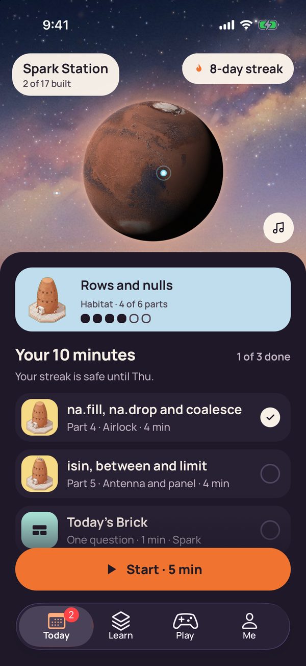 Today tab with Mars on a starry sky, Spark Station 2 of 17 built and an 8-day streak, a card for Rows and nulls, the Habitat, at 4 of 6 parts, and a 10-minute list with one finished part, the next part isin, between and limit, and Today's Brick, above a Start button.