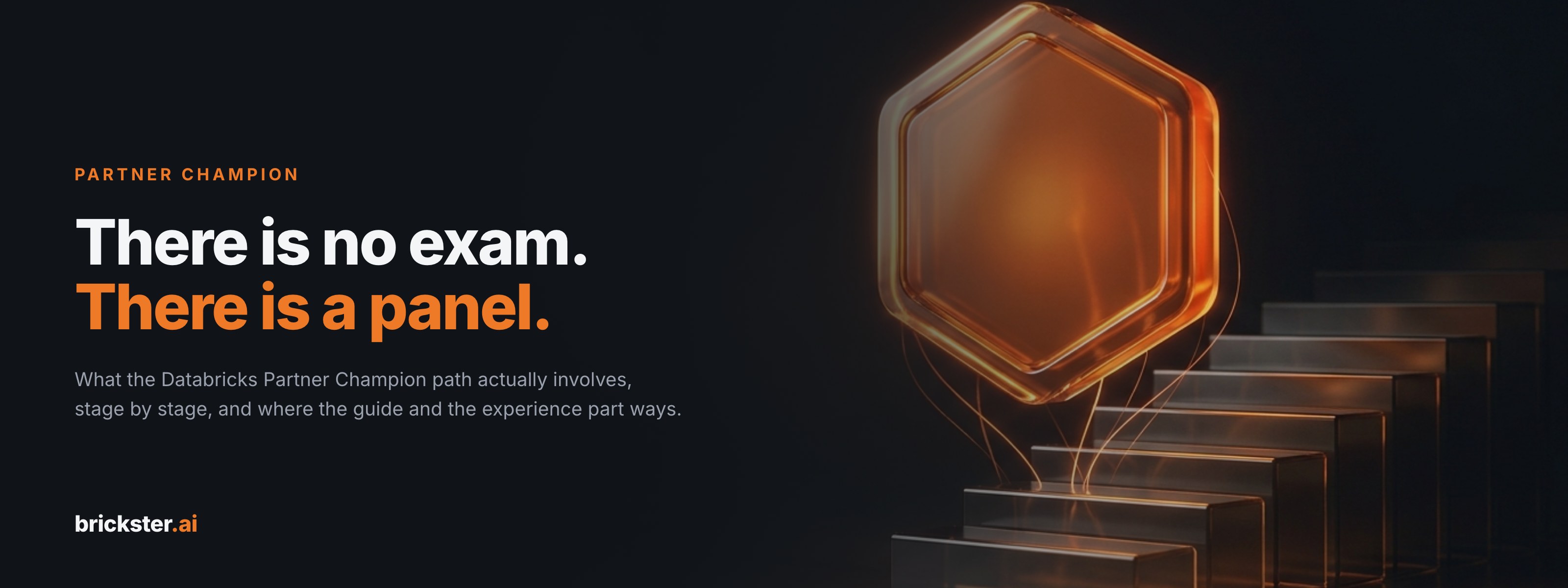 A hexagonal medallion of glowing amber glass hovering above a flight of translucent glass steps that ascend toward it, on a near-black ground.