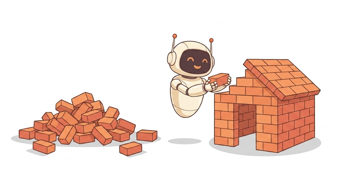 brickster 로봇 마스코트가 오른쪽의 완성된 벽돌집 위에 빛나는 벽돌 하나를 얹고 있고, 왼쪽에는 같은 벽돌이 흩어진 채 쌓여 있는 모습.