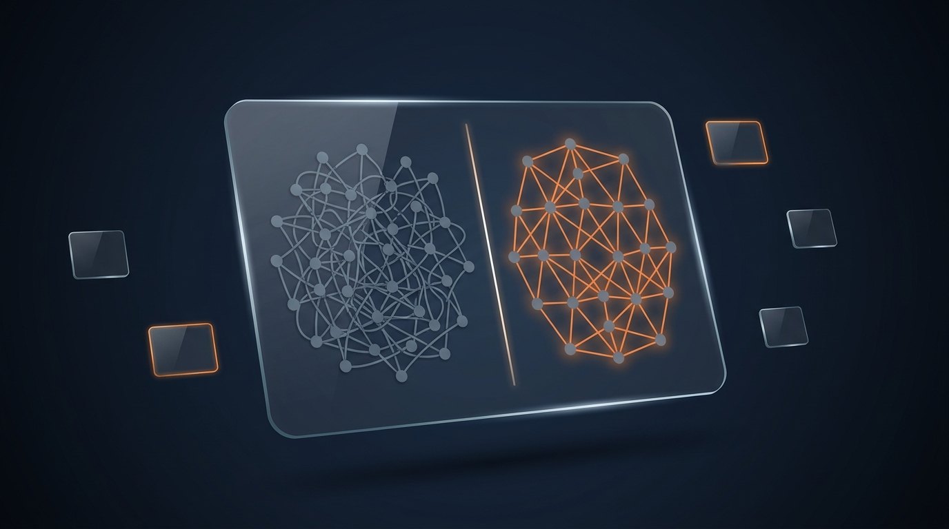 A single presentation slide floating in
    space, split down the middle: a knotted grey tangle of nodes on the left, the same
    nodes resolved into a glowing orange lattice on the right, with four empty glass
    tiles floating around it.