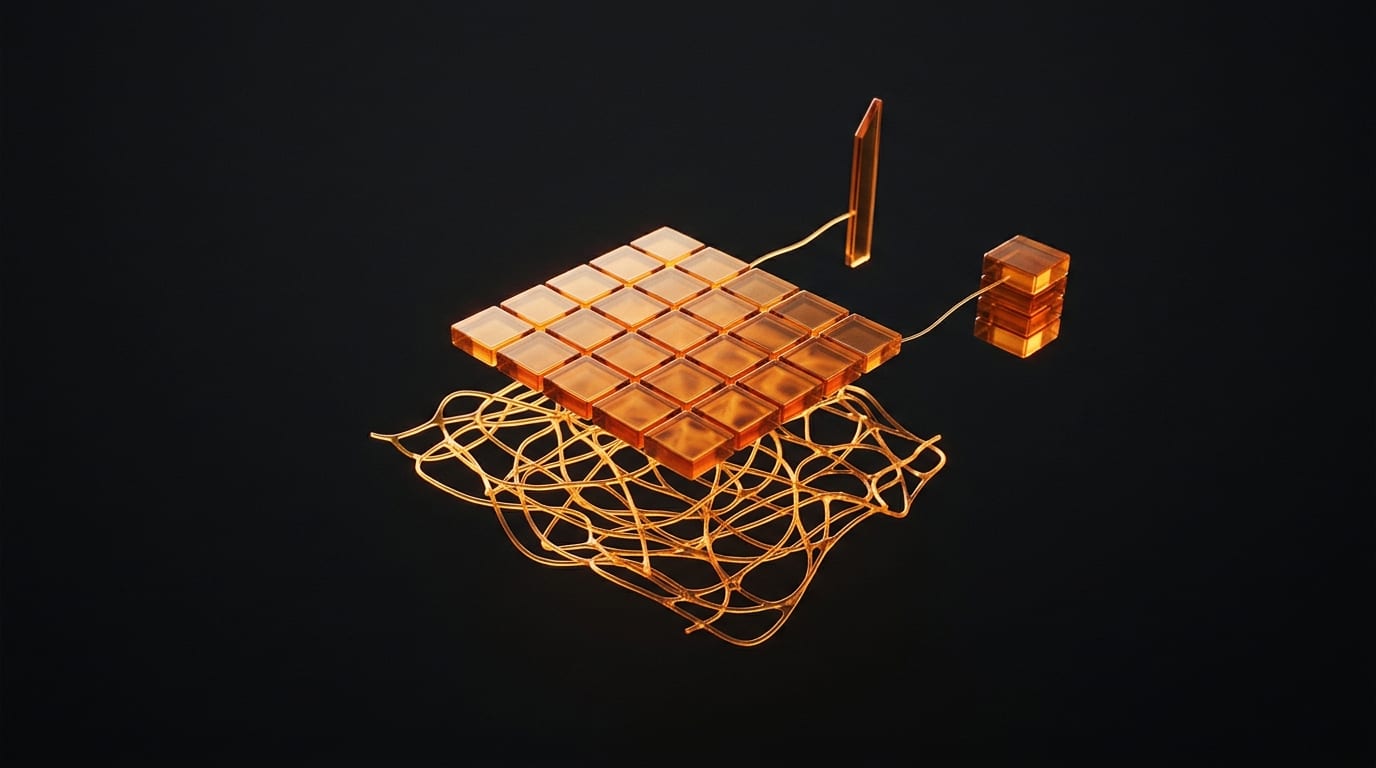 A small grid of amber-glass tiles above a tangled web of glowing filaments, with a slim glass blade and a small stack of glass blocks connected nearby, on a near-black ground