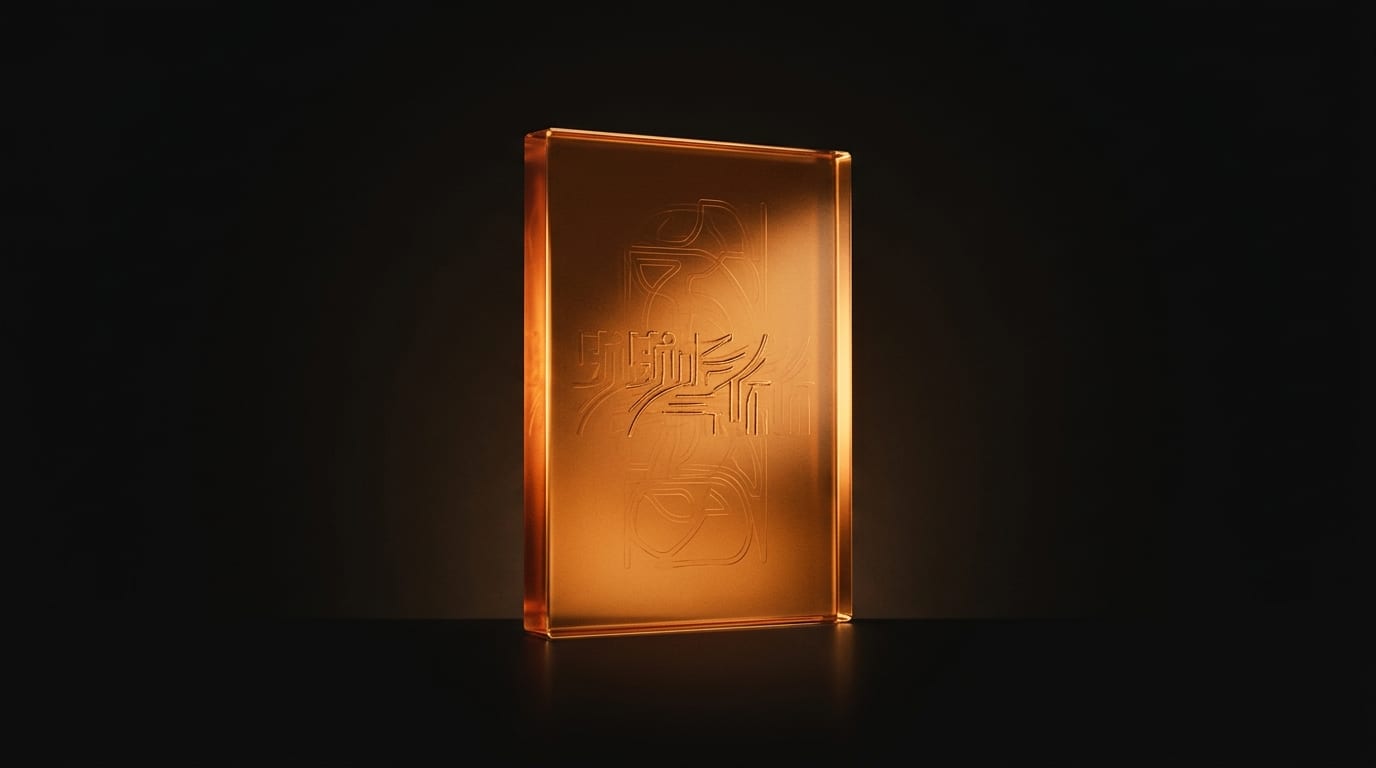 An upright slab of amber glass etched with a name, with the faint ghost-etchings of three earlier names layered beneath it, on a near-black ground