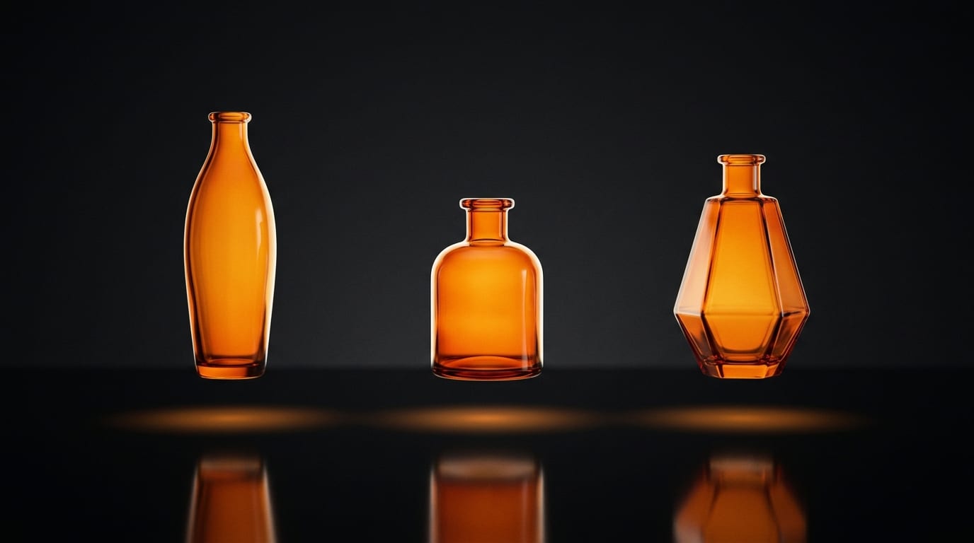Three distinctly shaped amber-glass oil lamps standing independently in a row, each with its own pool of light, on a near-black ground