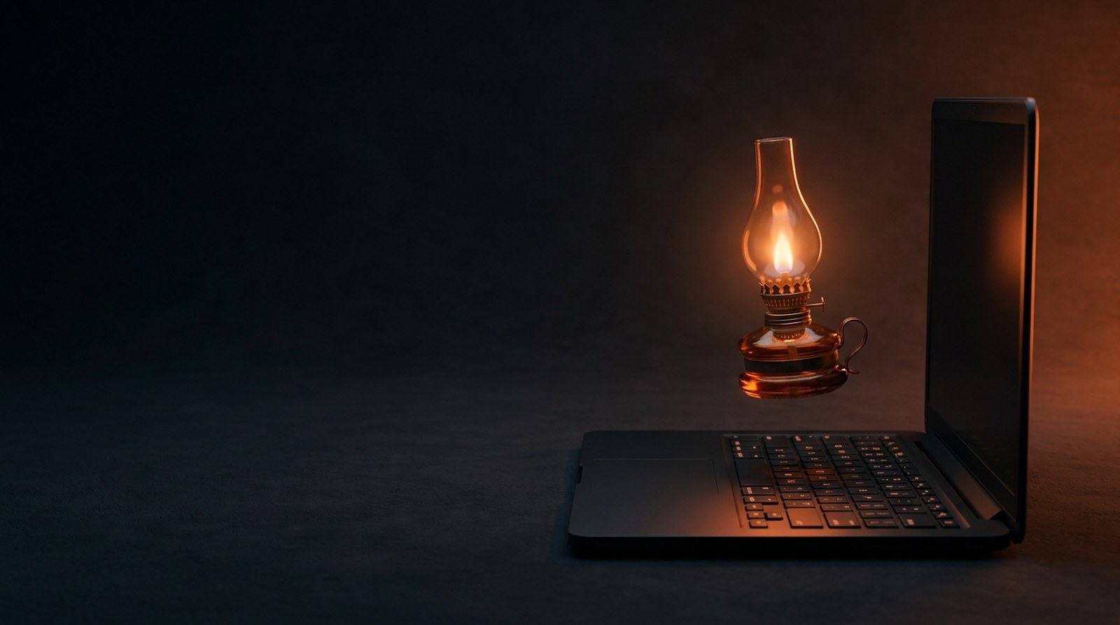 A small amber glass oil lamp hovering above the keyboard of a closed dark laptop, its flame casting orange light across the keys, on a near-black ground with empty space to the left.