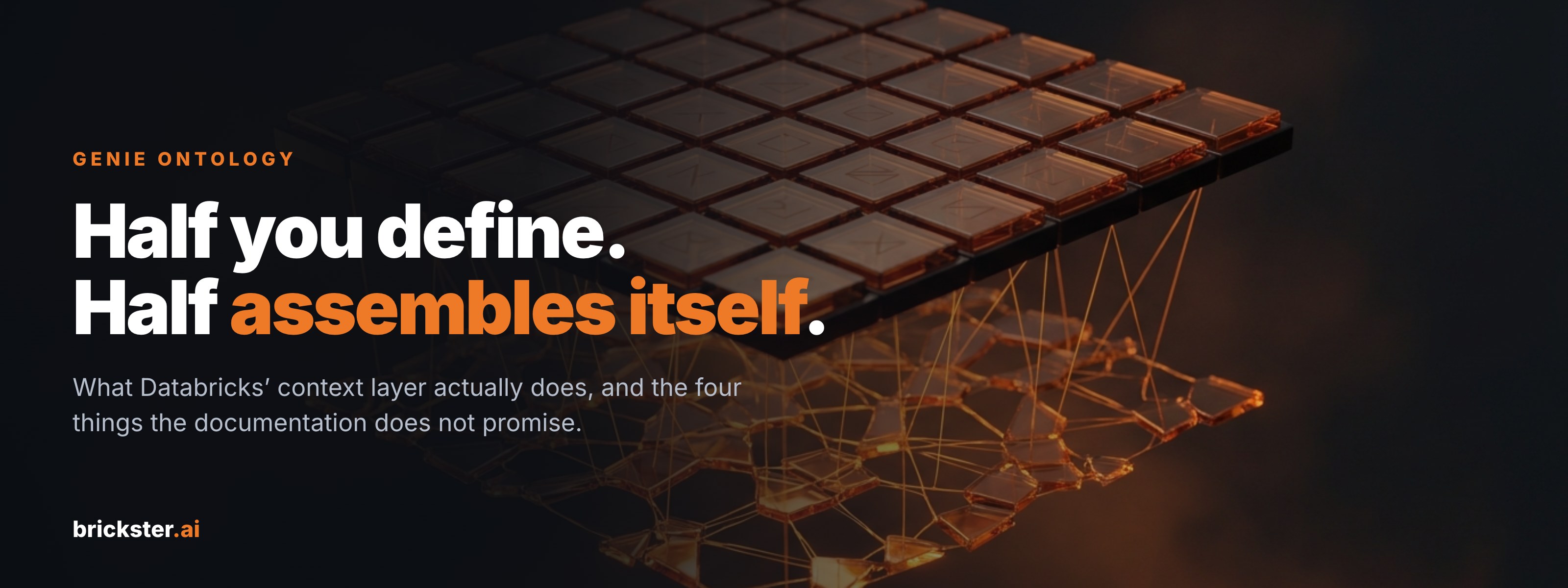 Two hovering translucent amber-glass layers connected by glowing filaments: an orderly grid of tiles above, and a self-assembled organic web below.