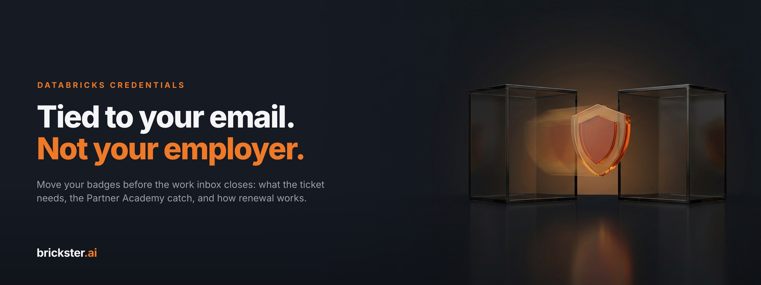 Cover card reading 'Tied to your email. Not your employer.' beside an amber glass shield badge gliding from one empty glass case into another on a dark reflective floor.