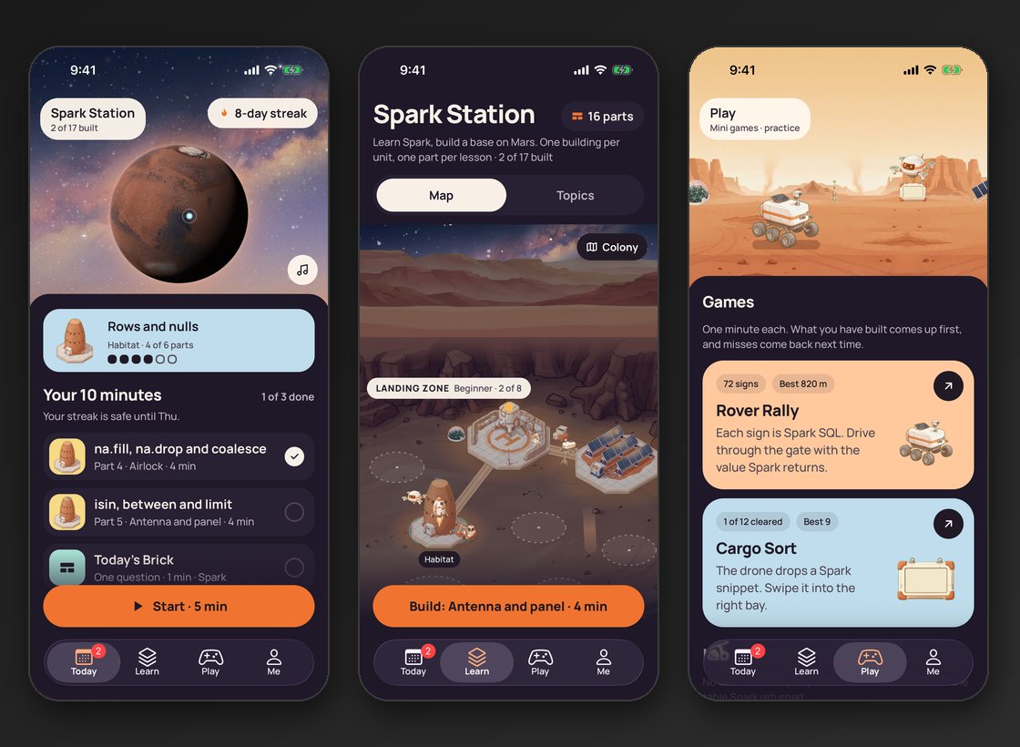 Brickster Mars Colony on a phone: Mars on the Today screen, the Mars base being built, and the mini games