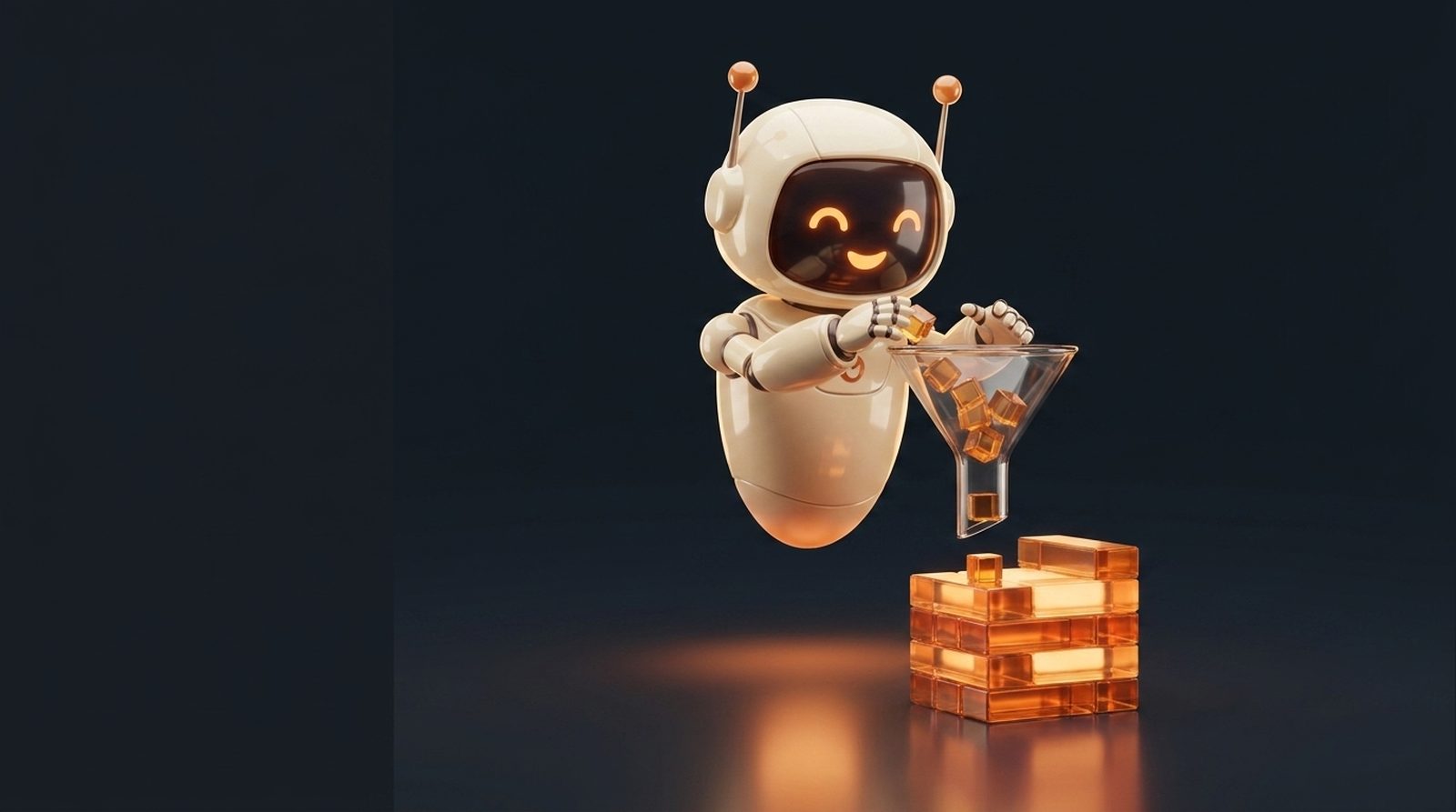 The brickster robot guiding glowing glass cubes through a funnel into ordered stacked slabs