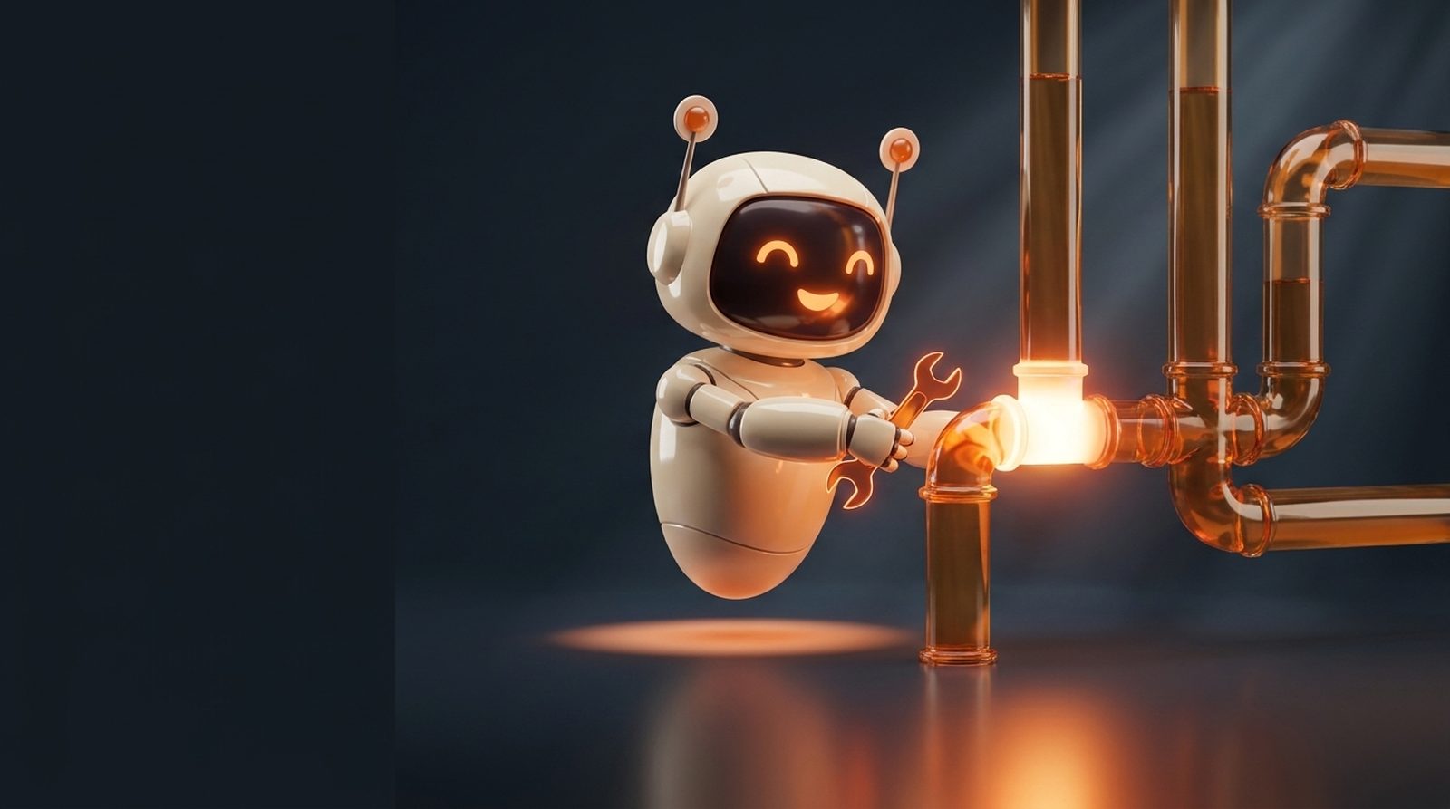 The brickster robot with a wrench inspecting a glass pipeline joint glowing under stress
