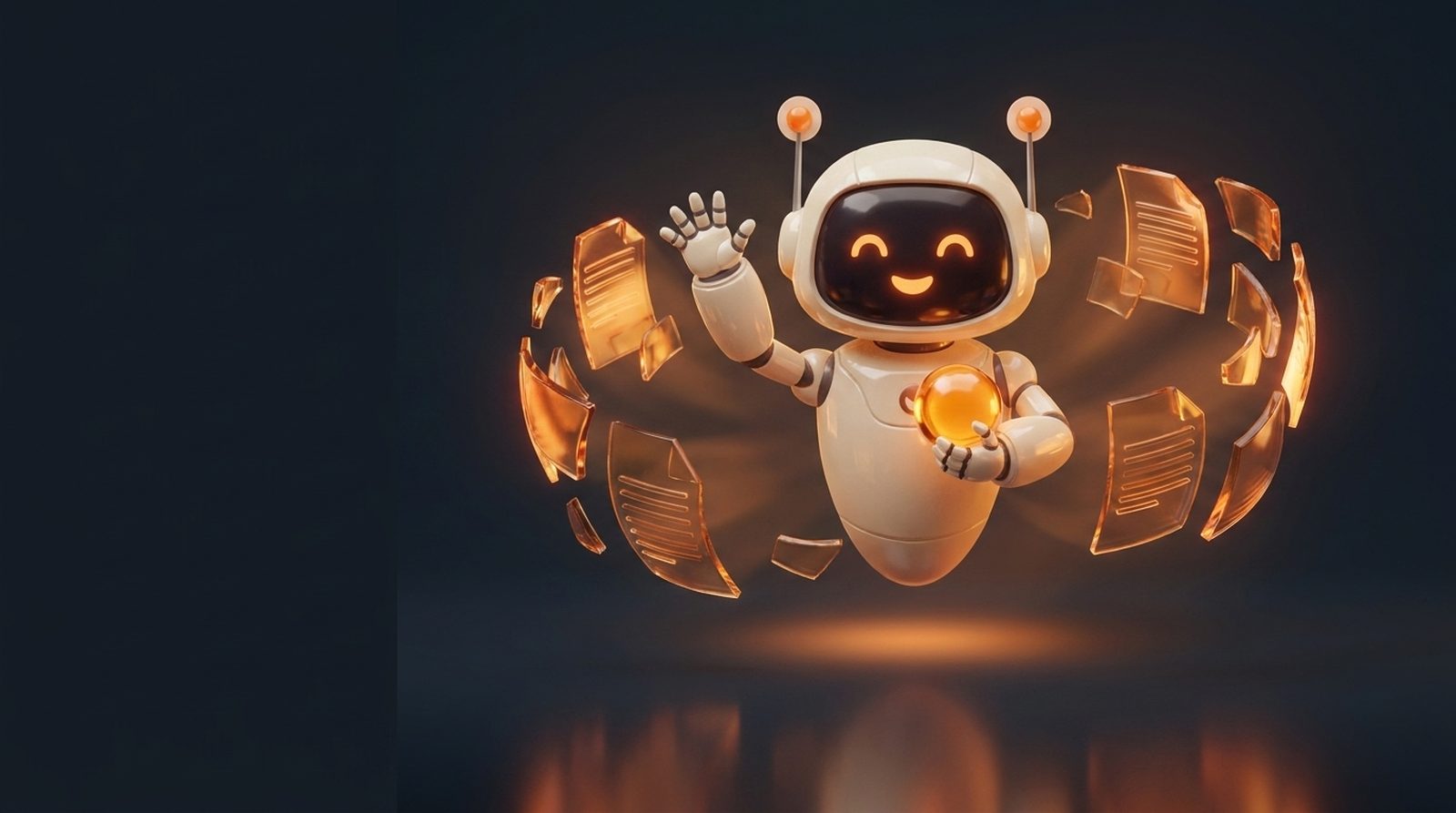 The brickster robot inside an orbit of glowing glass document shards
