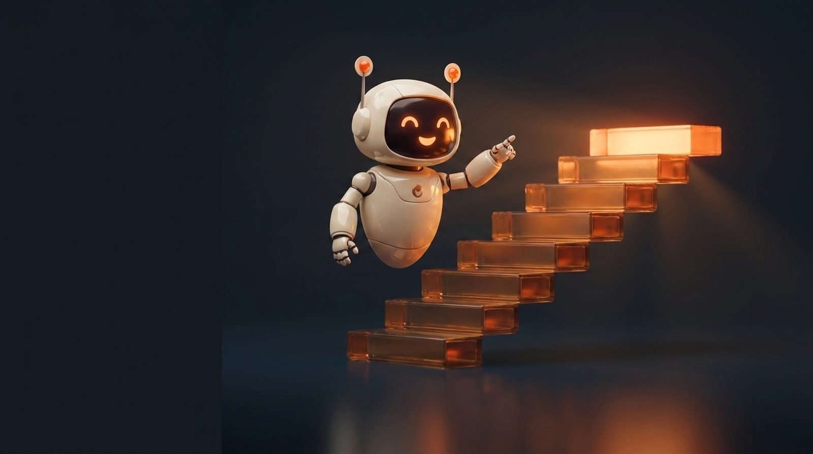 The brickster robot mascot beside a staircase of glowing amber glass bricks, pointing at the bright top step