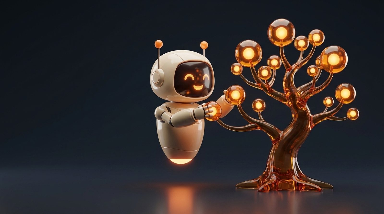 The brickster robot tending a glass tree of glowing model orbs