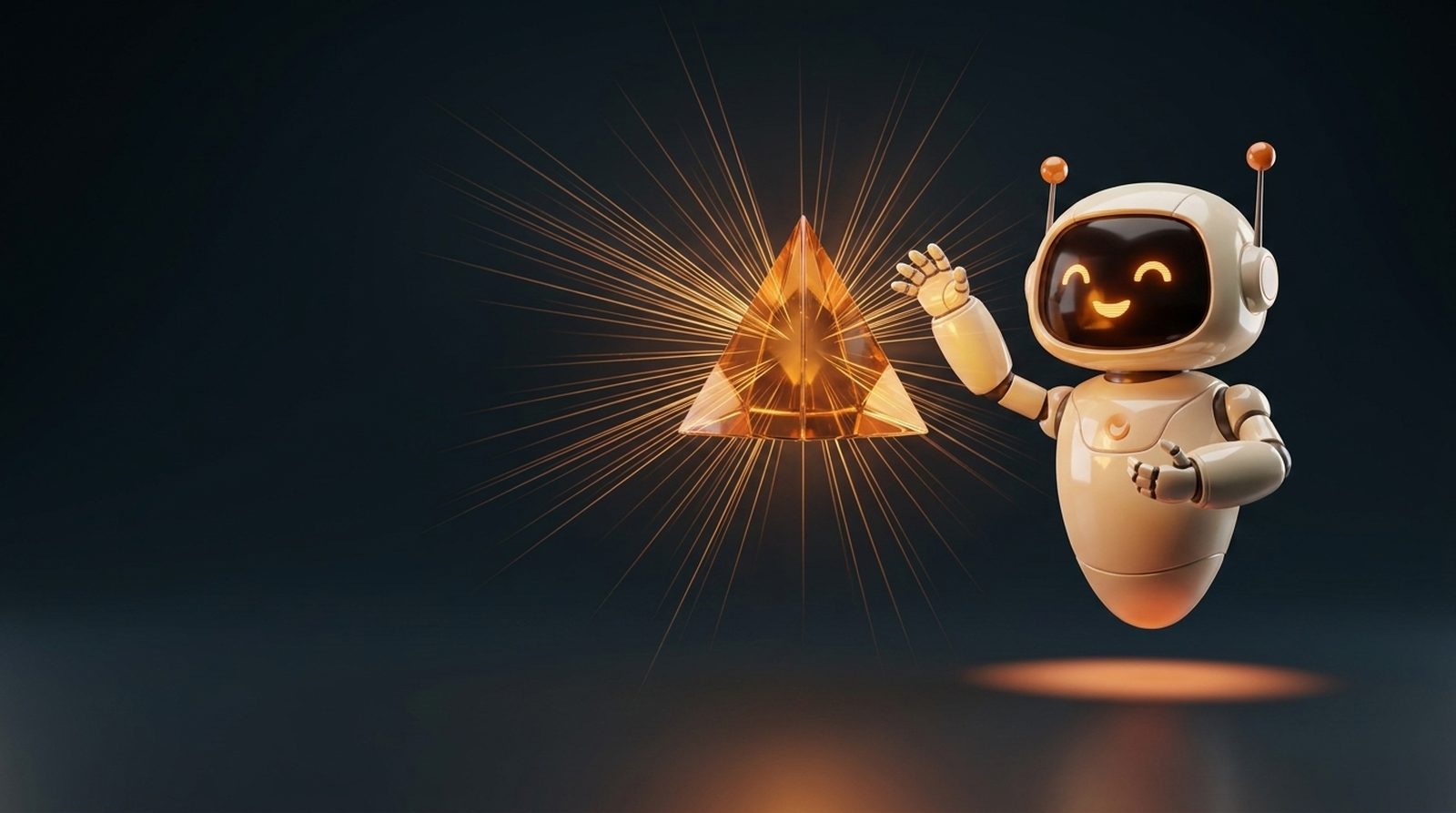 The brickster robot conducting a glass prism emitting radiant amber filaments